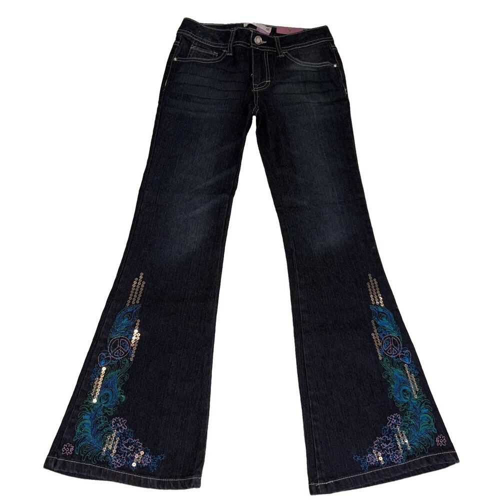 Route 66 Girls Size 10 Embroidered Peace Sign Sequin Flare Dark Jeans Y2K Style